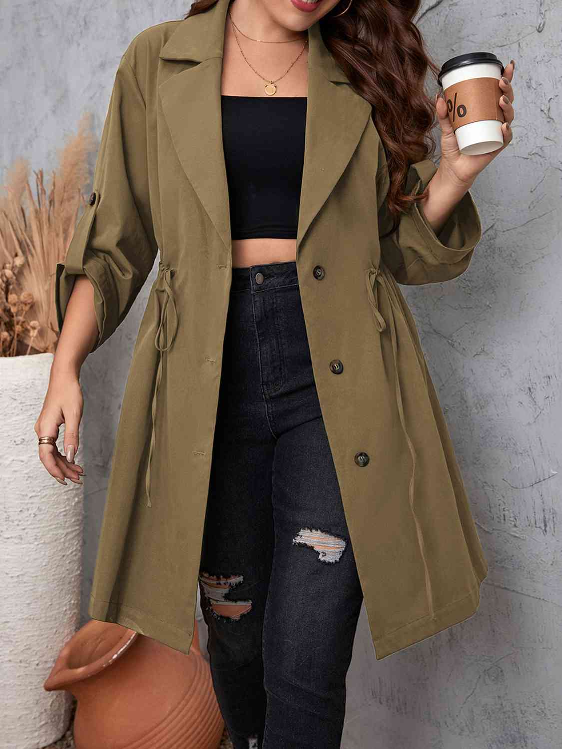 Plus Size Lapel Collar Drawstring Roll-Tab Sleeve Trench Coat - House of Cardwell