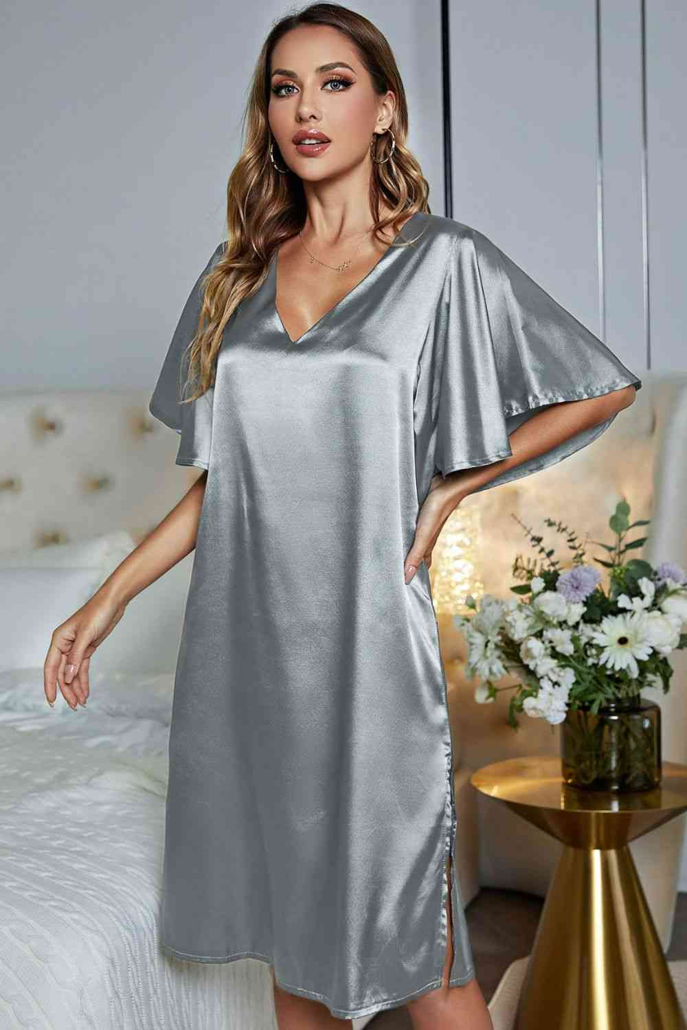 Satin Flutter Sleeve Side Slit V-Neck Night Dress - House of Cardwell