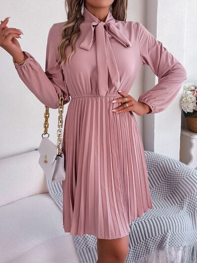 Tie Neck Balloon Sleeve Pleated Dress - House of Cardwell