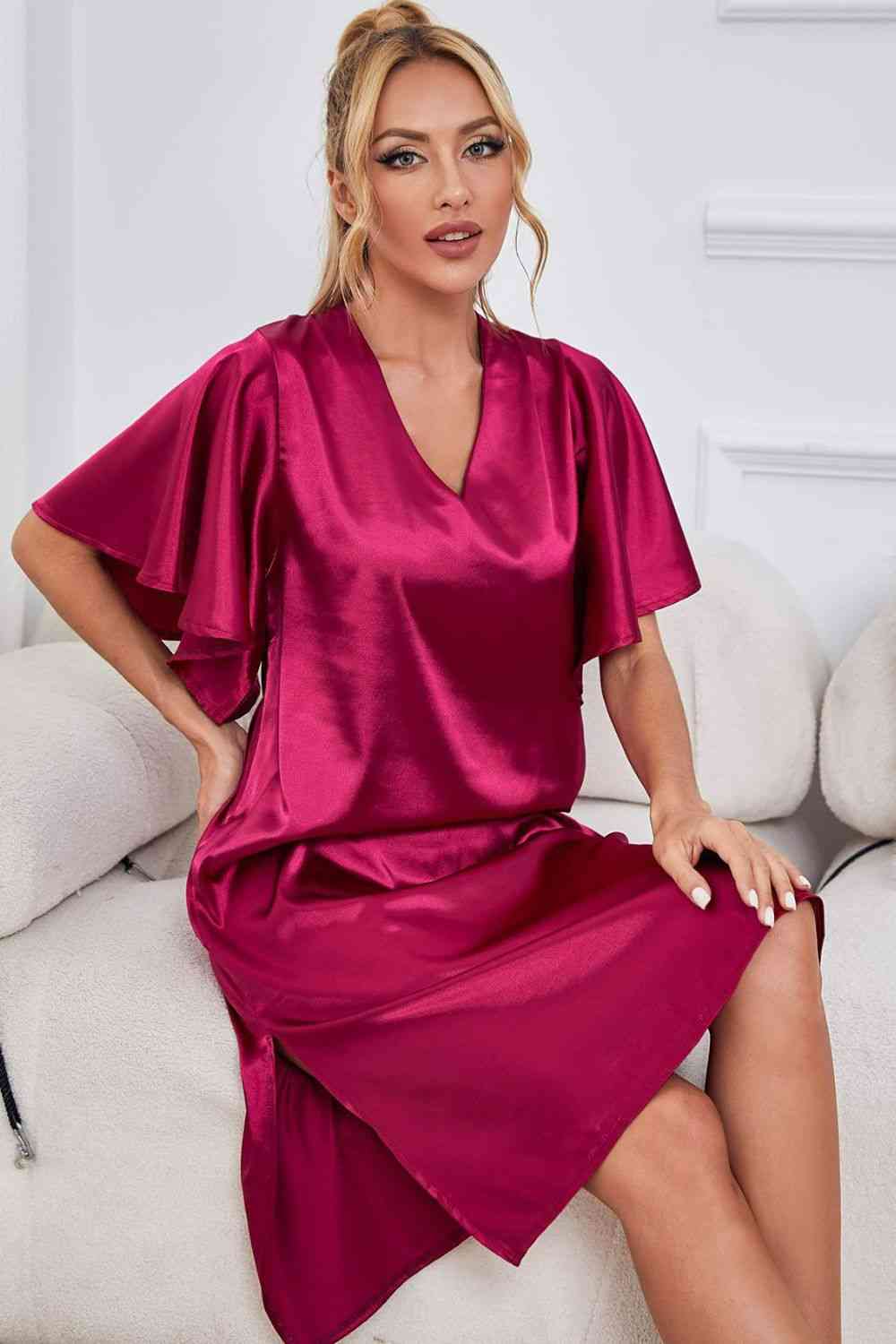 Satin Flutter Sleeve Side Slit V-Neck Night Dress - House of Cardwell