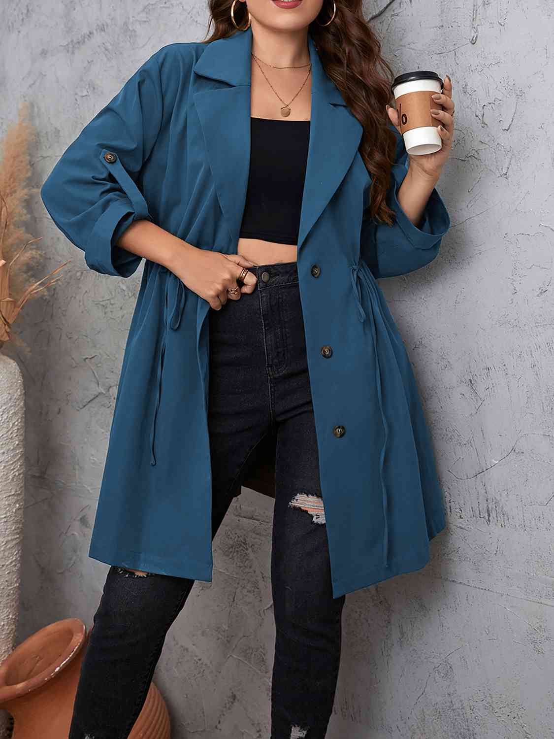 Plus Size Lapel Collar Drawstring Roll-Tab Sleeve Trench Coat - House of Cardwell