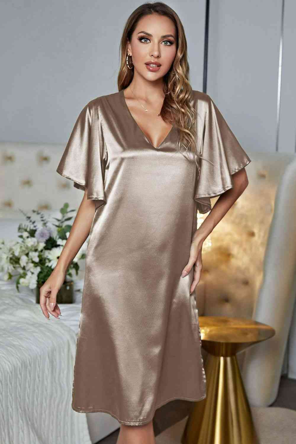 Satin Flutter Sleeve Side Slit V-Neck Night Dress - House of Cardwell