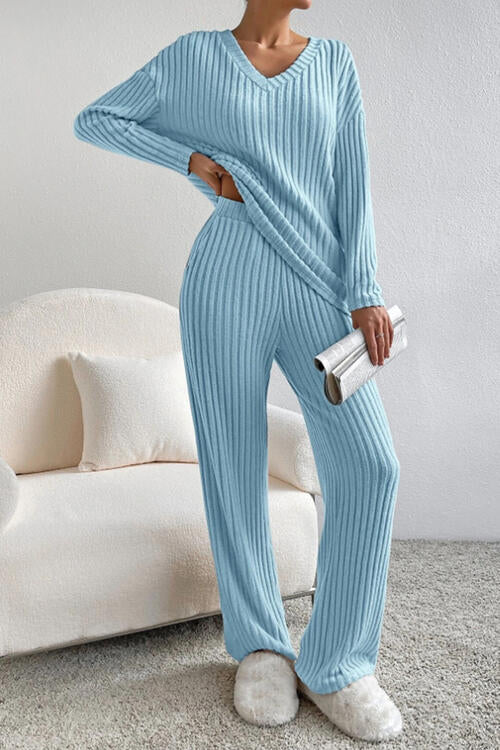 Ribbed V-Neck Top and Pants Set - House of Cardwell