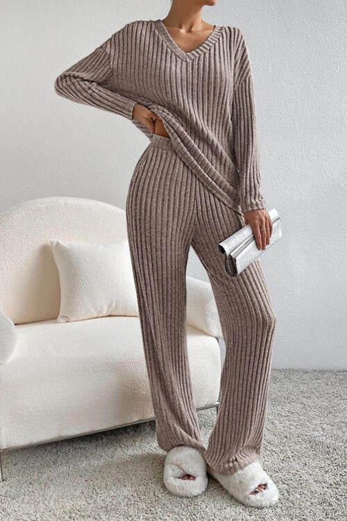 Ribbed V-Neck Top and Pants Set - House of Cardwell