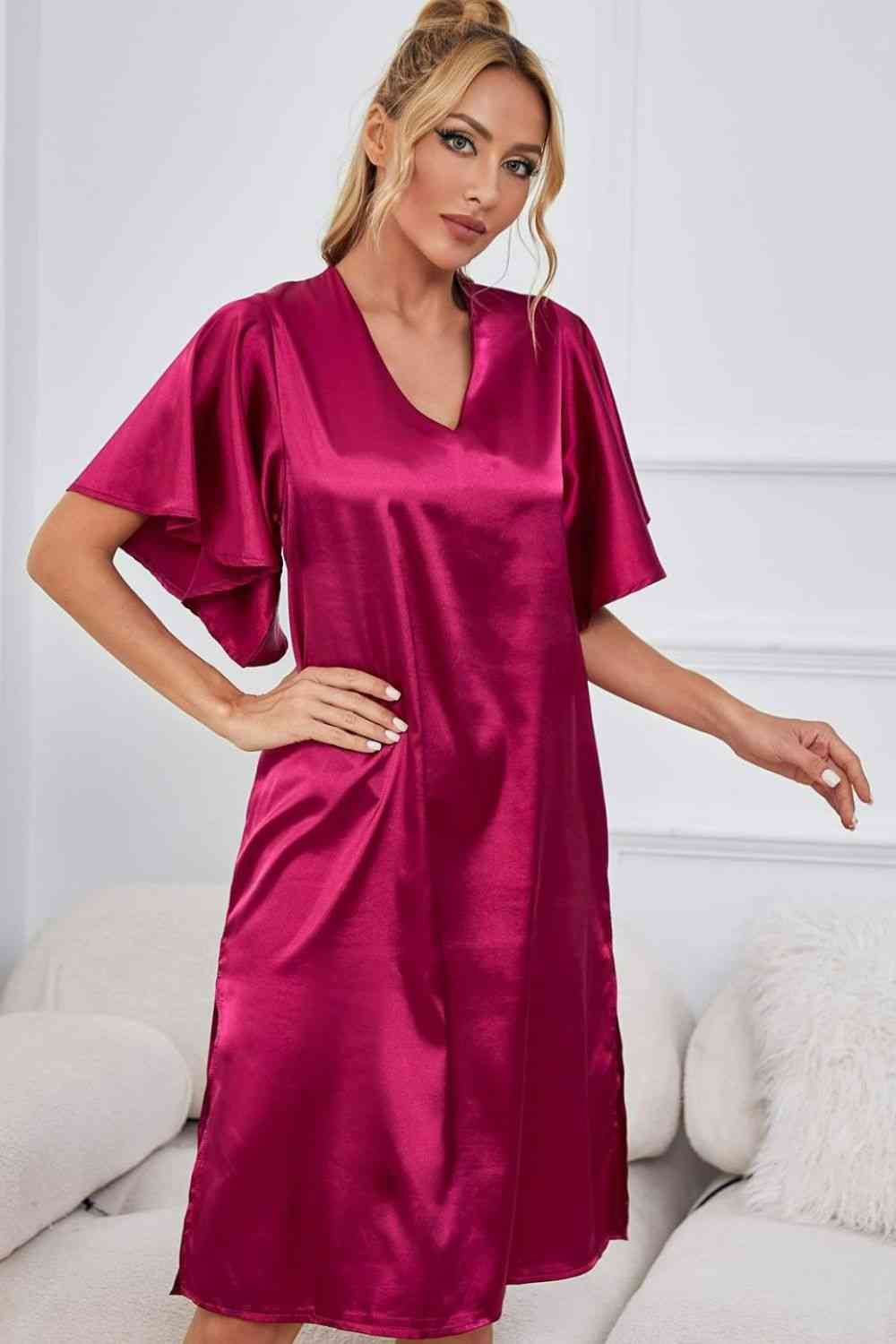 Satin Flutter Sleeve Side Slit V-Neck Night Dress - House of Cardwell