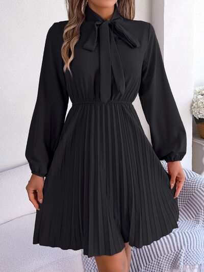 Tie Neck Balloon Sleeve Pleated Dress - House of Cardwell