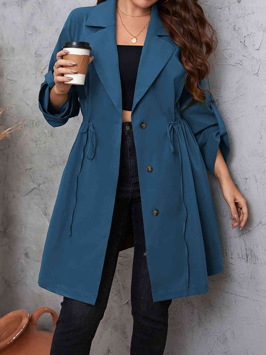 Plus Size Lapel Collar Drawstring Roll-Tab Sleeve Trench Coat - House of Cardwell