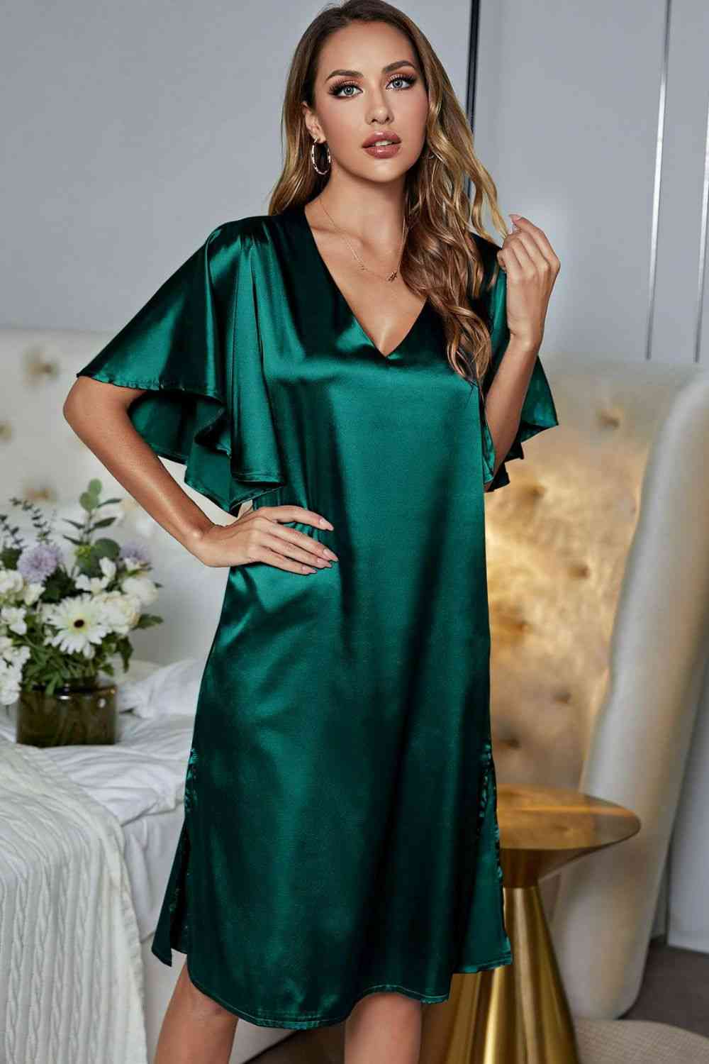 Satin Flutter Sleeve Side Slit V-Neck Night Dress - House of Cardwell