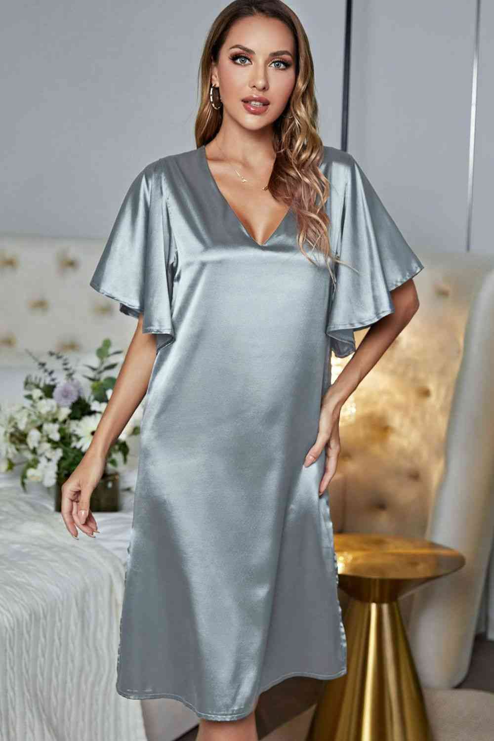 Satin Flutter Sleeve Side Slit V-Neck Night Dress - House of Cardwell