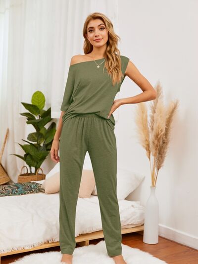 Round Neck Top and Pants Lounge Set - House of Cardwell