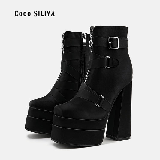 New Super High Heel 14cm Platform Thick Heel Square Head Silk Women's Smoke Pipe Boots Large Size 42 eprolo