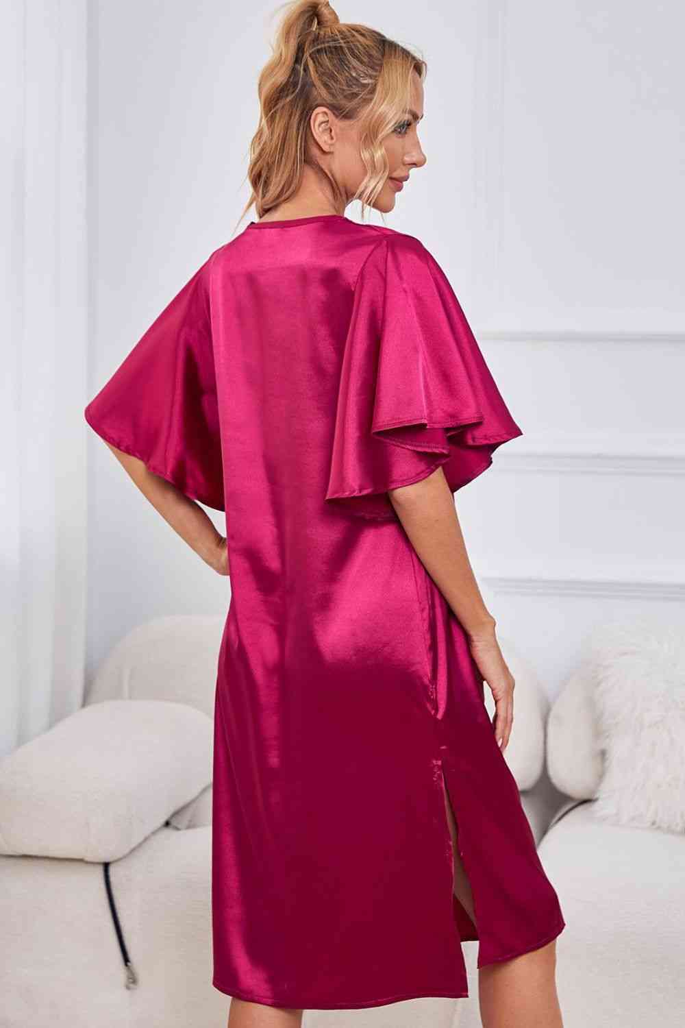 Satin Flutter Sleeve Side Slit V-Neck Night Dress - House of Cardwell