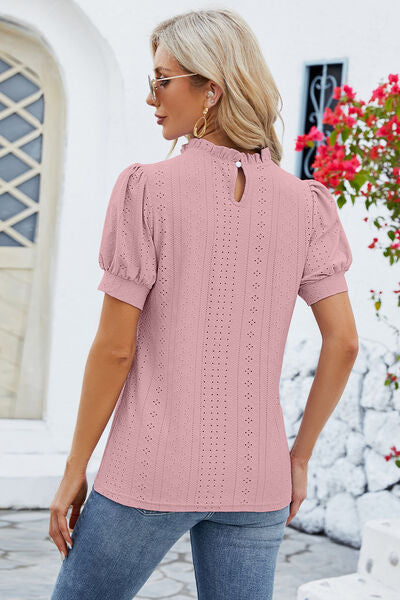 Frill Mock Neck Short Sleeve Eyelet Blouse - House of Cardwell