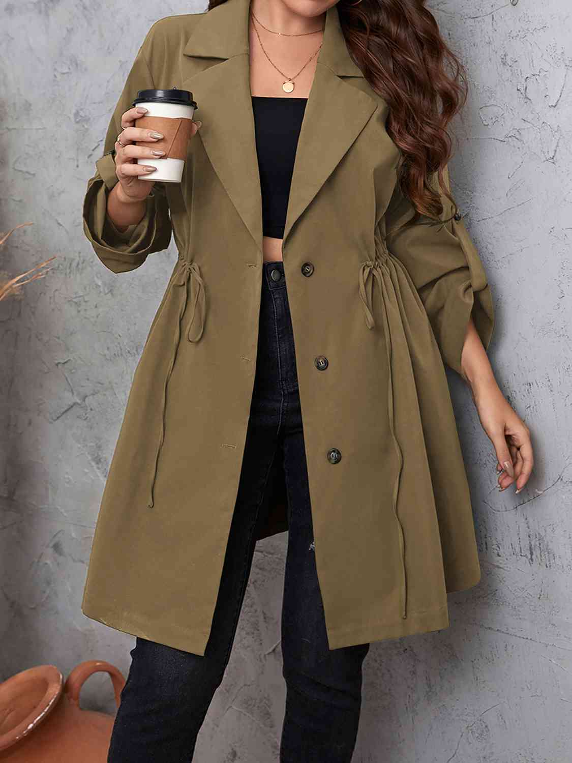 Plus Size Lapel Collar Drawstring Roll-Tab Sleeve Trench Coat - House of Cardwell