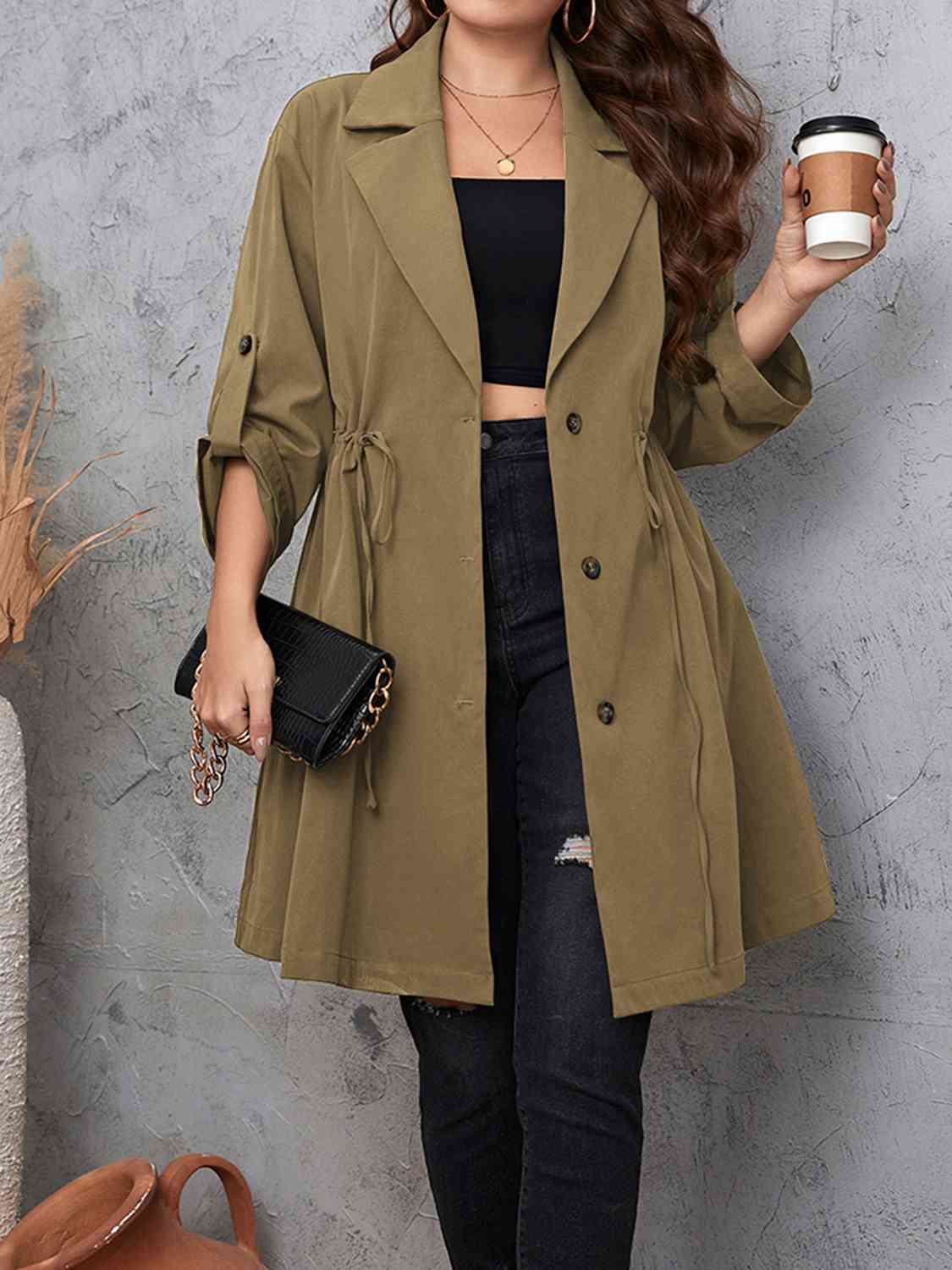 Plus Size Lapel Collar Drawstring Roll-Tab Sleeve Trench Coat - House of Cardwell