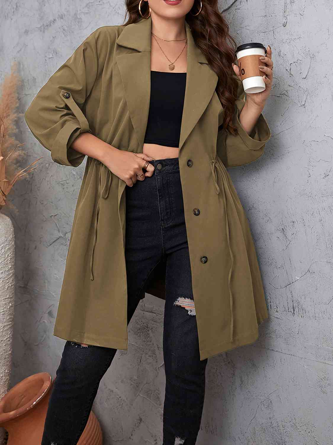 Plus Size Lapel Collar Drawstring Roll-Tab Sleeve Trench Coat - House of Cardwell