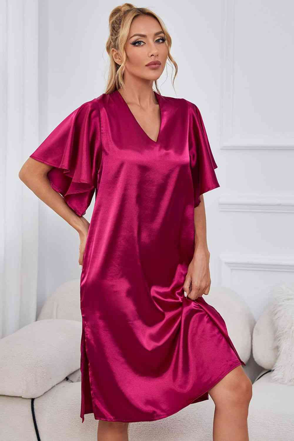 Satin Flutter Sleeve Side Slit V-Neck Night Dress - House of Cardwell