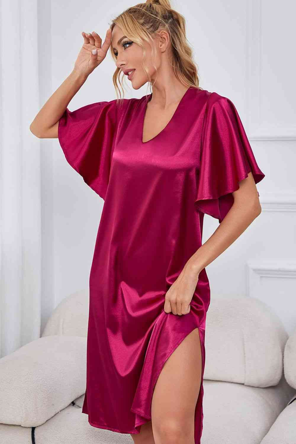 Satin Flutter Sleeve Side Slit V-Neck Night Dress - House of Cardwell