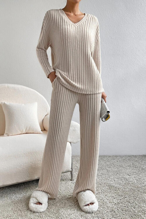 Ribbed V-Neck Top and Pants Set - House of Cardwell