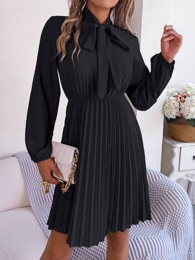 Tie Neck Balloon Sleeve Pleated Dress - House of Cardwell