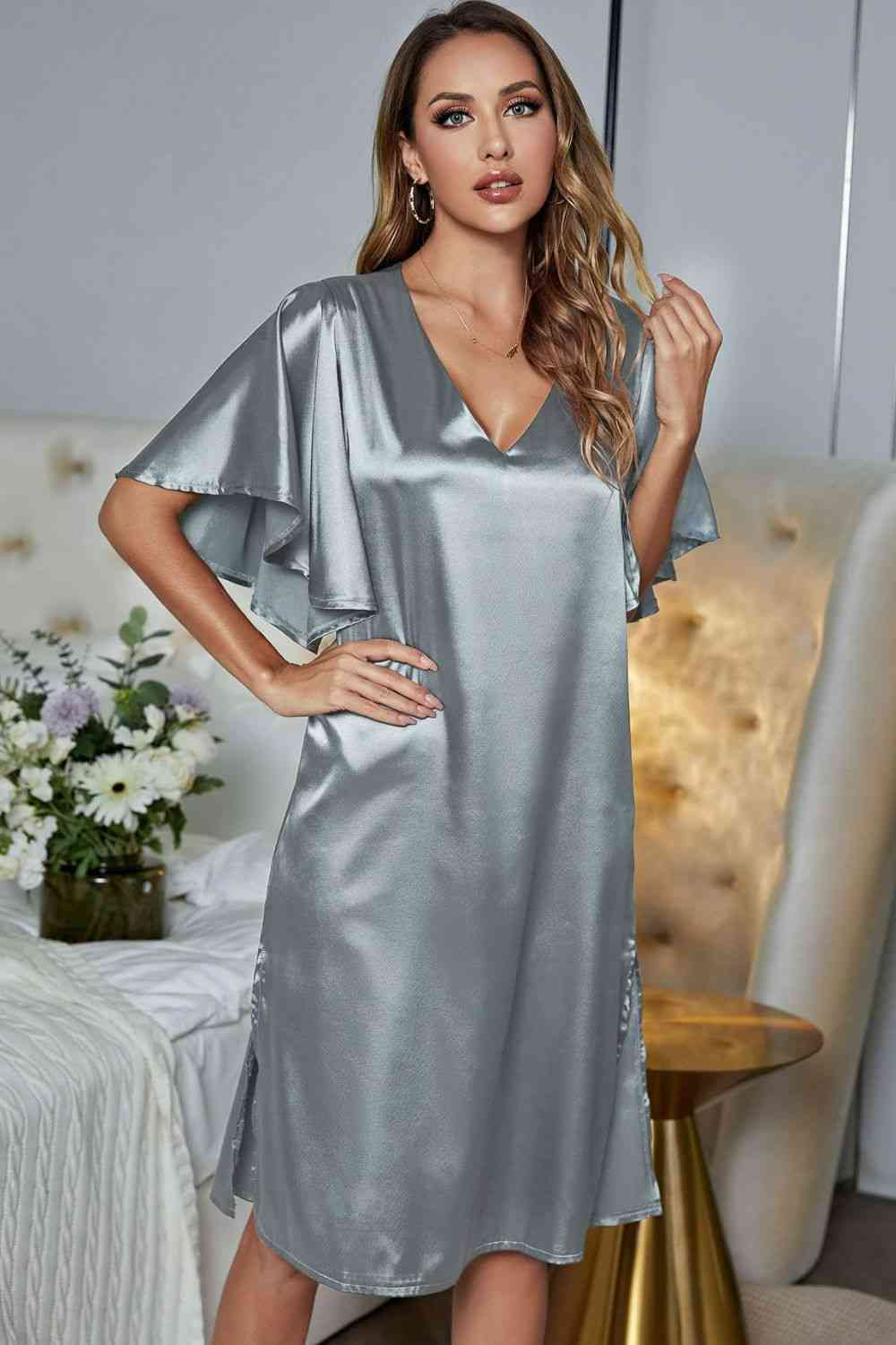 Satin Flutter Sleeve Side Slit V-Neck Night Dress - House of Cardwell