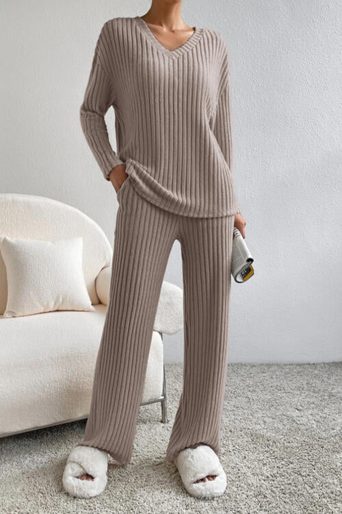 Ribbed V-Neck Top and Pants Set - House of Cardwell