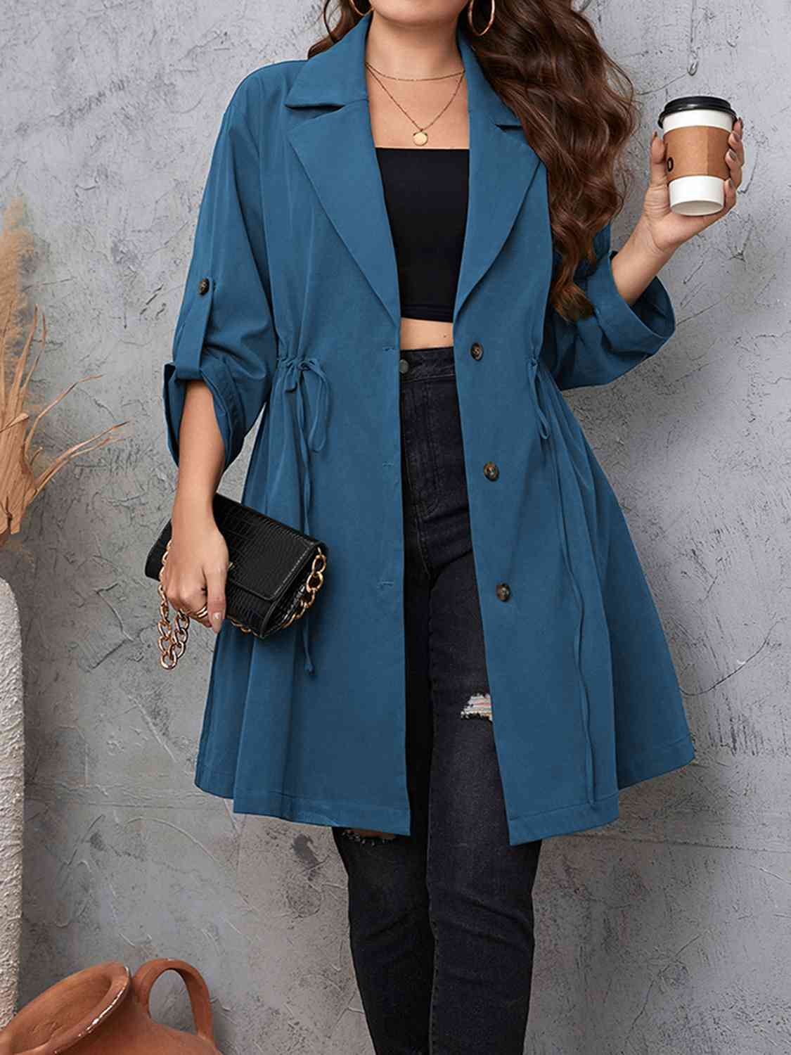 Plus Size Lapel Collar Drawstring Roll-Tab Sleeve Trench Coat - House of Cardwell