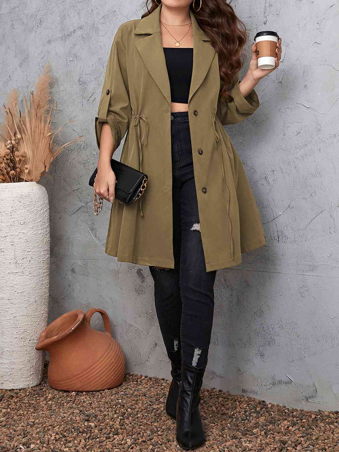 Plus Size Lapel Collar Drawstring Roll-Tab Sleeve Trench Coat - House of Cardwell