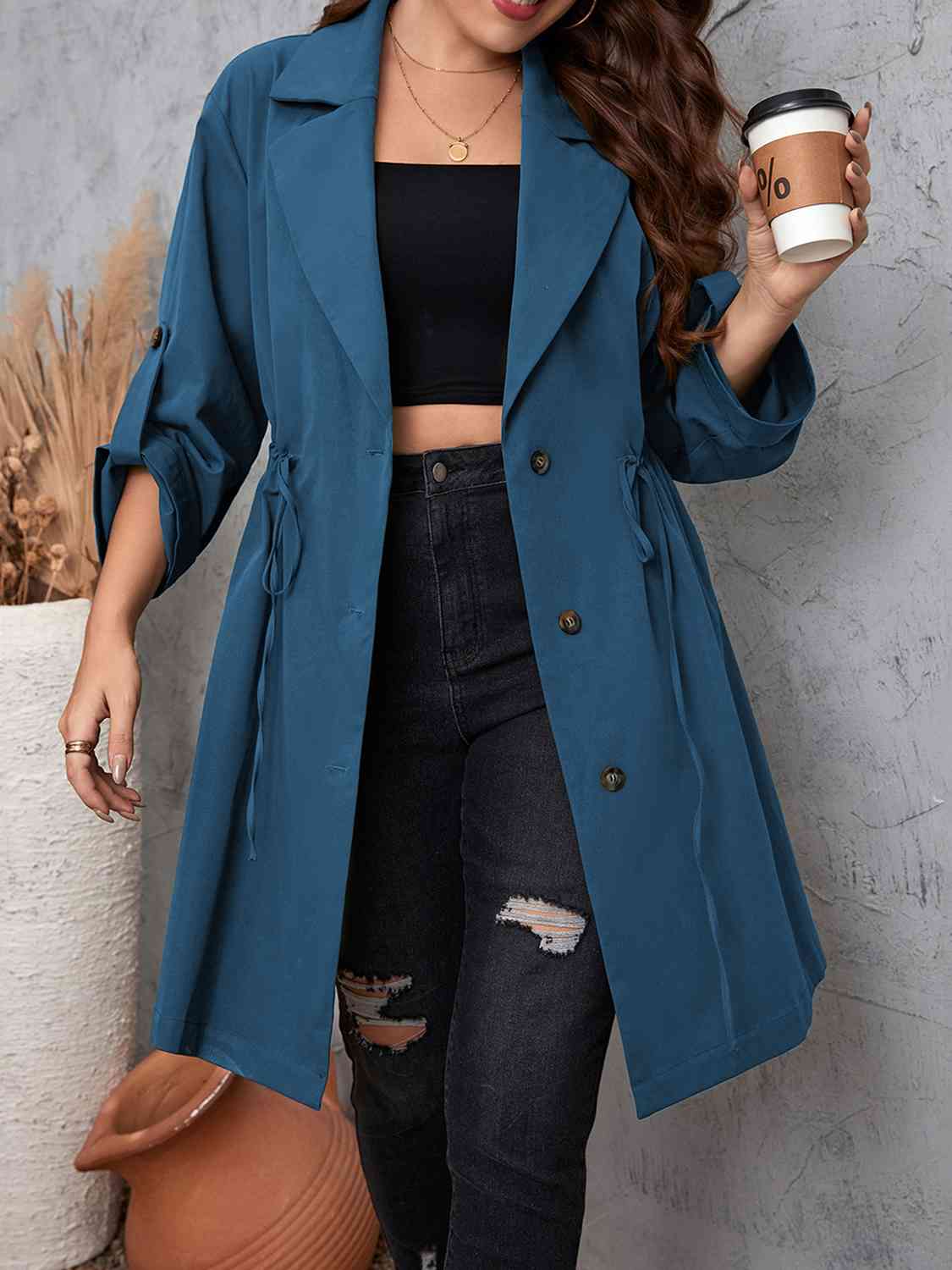 Plus Size Lapel Collar Drawstring Roll-Tab Sleeve Trench Coat - House of Cardwell