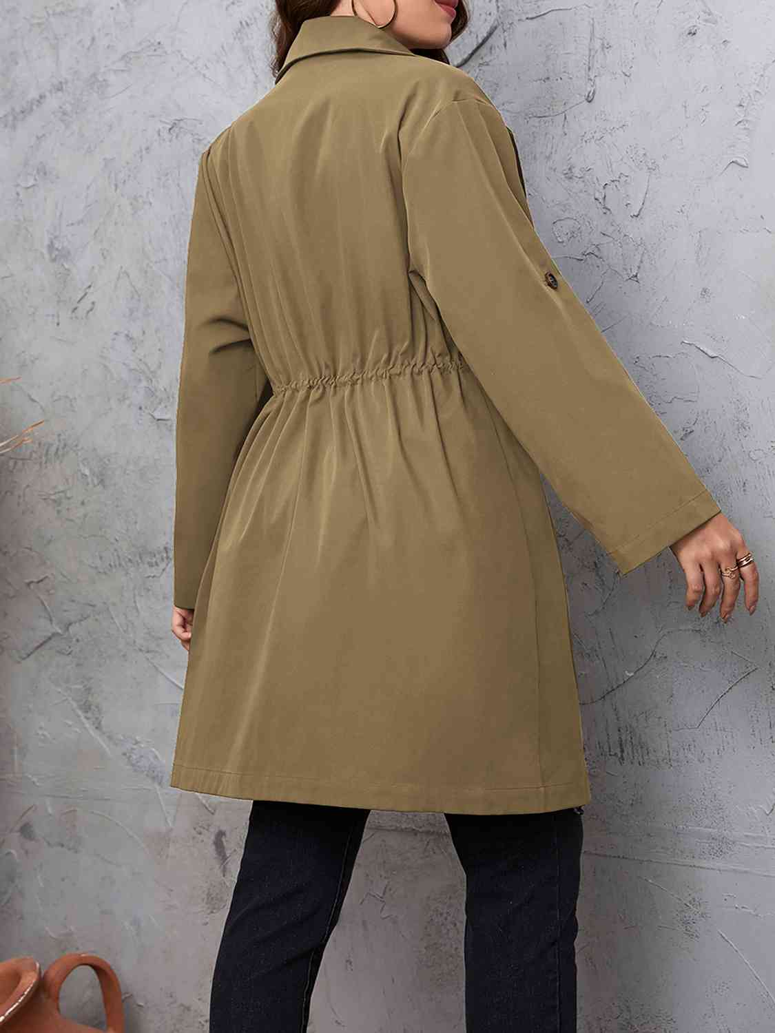 Plus Size Lapel Collar Drawstring Roll-Tab Sleeve Trench Coat - House of Cardwell