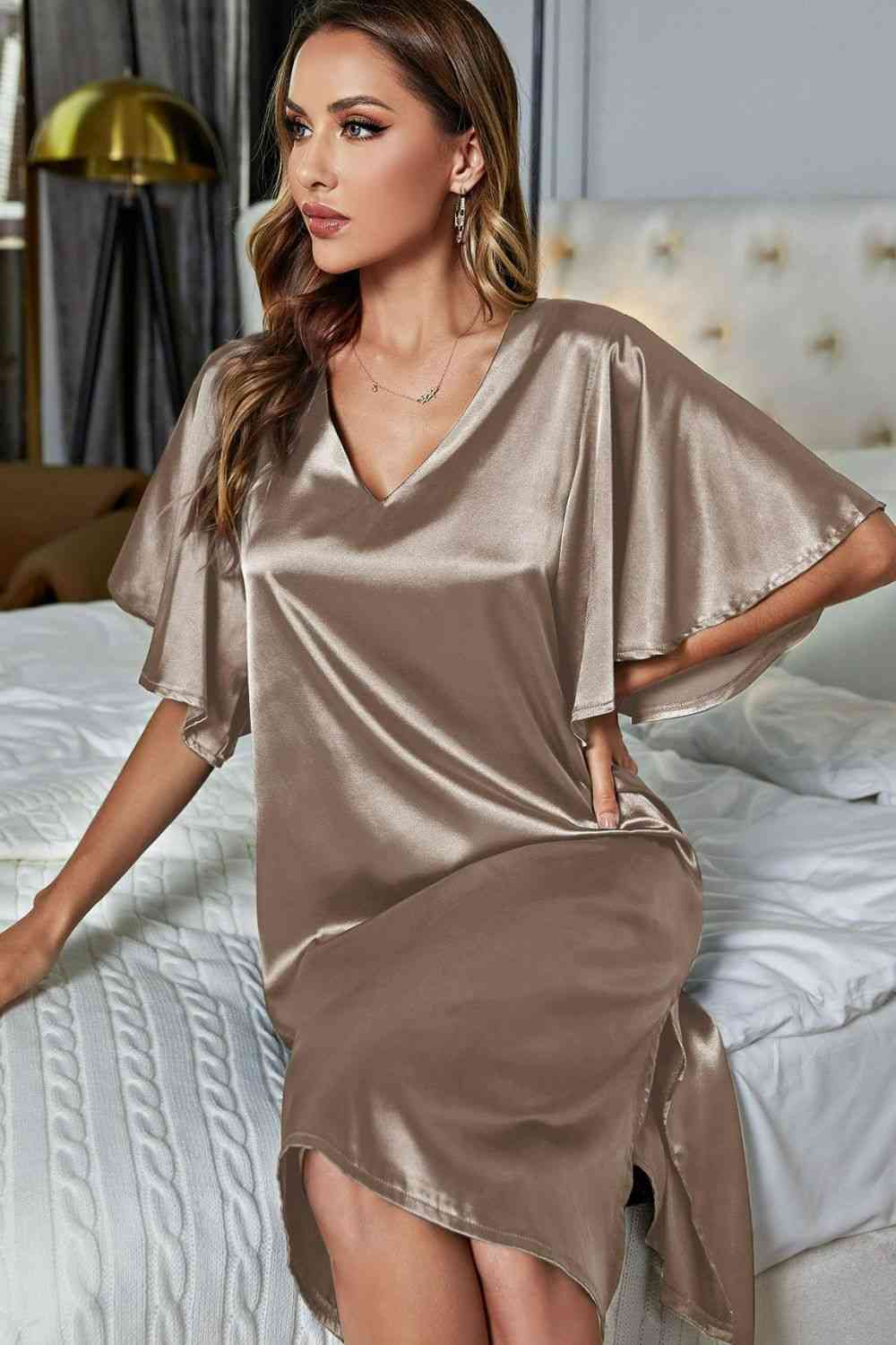 Satin Flutter Sleeve Side Slit V-Neck Night Dress - House of Cardwell