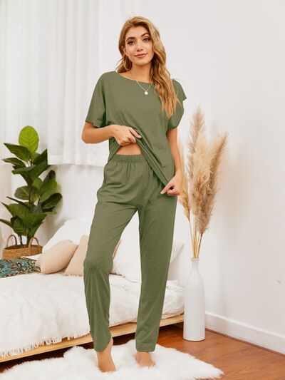 Round Neck Top and Pants Lounge Set - House of Cardwell