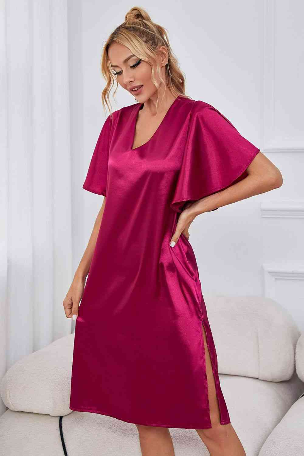 Satin Flutter Sleeve Side Slit V-Neck Night Dress - House of Cardwell