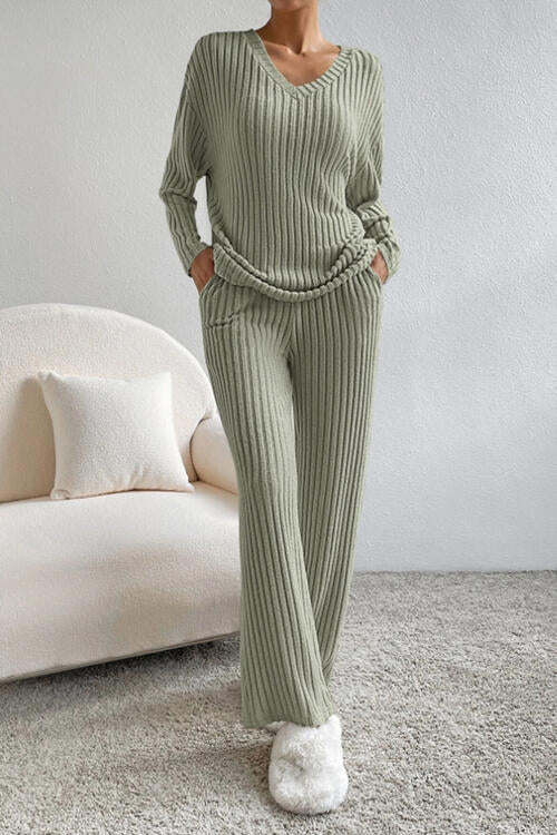 Ribbed V-Neck Top and Pants Set - House of Cardwell