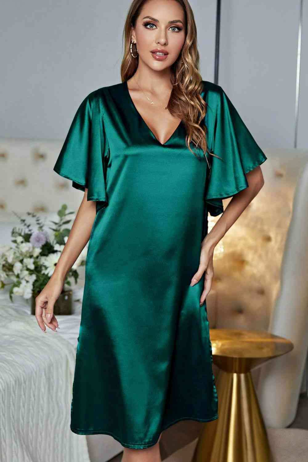 Satin Flutter Sleeve Side Slit V-Neck Night Dress - House of Cardwell