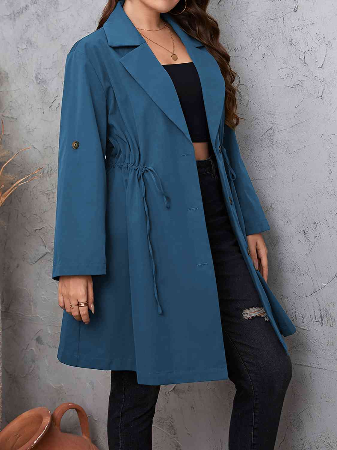 Plus Size Lapel Collar Drawstring Roll-Tab Sleeve Trench Coat - House of Cardwell