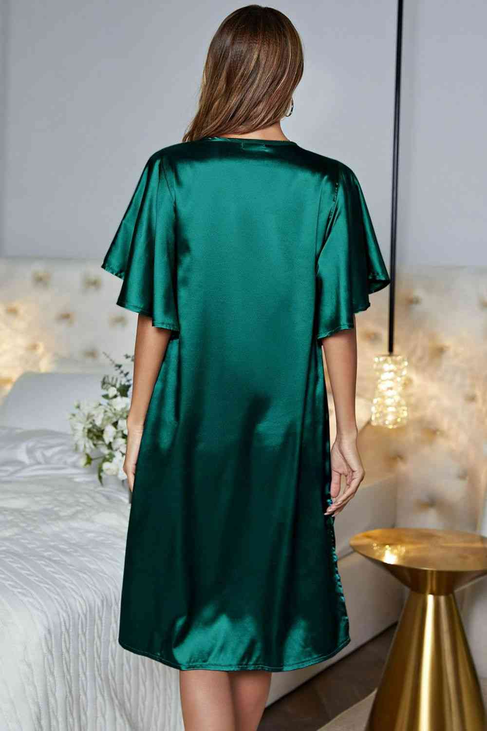 Satin Flutter Sleeve Side Slit V-Neck Night Dress - House of Cardwell