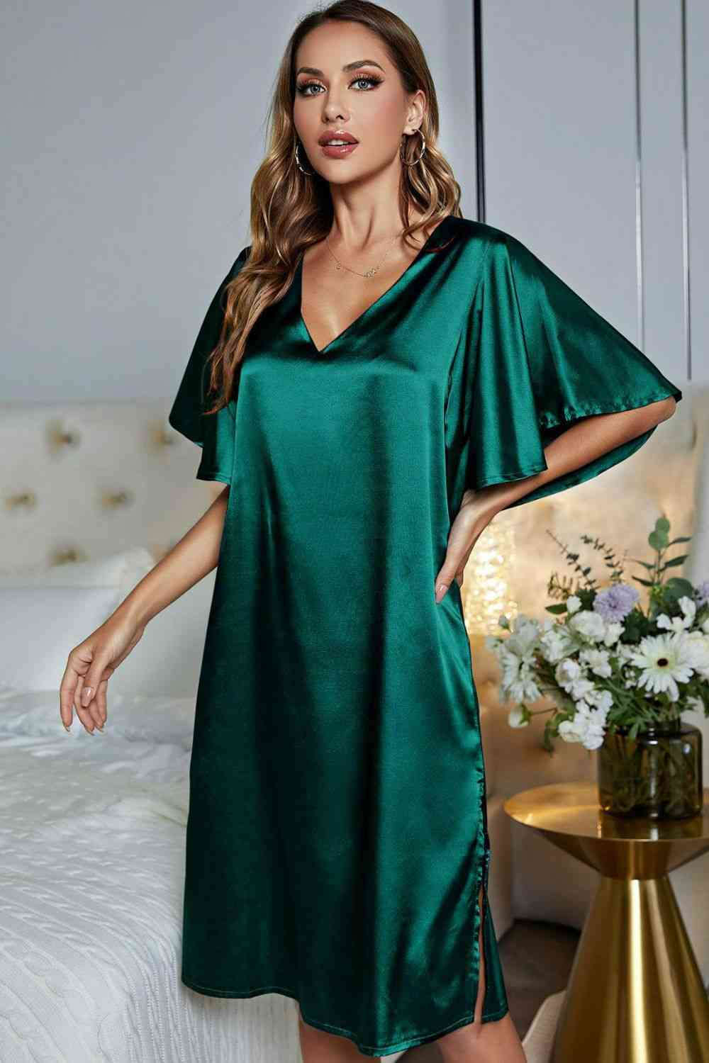 Satin Flutter Sleeve Side Slit V-Neck Night Dress - House of Cardwell