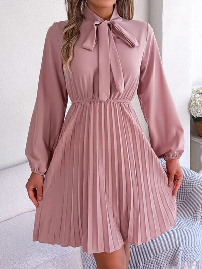 Tie Neck Balloon Sleeve Pleated Dress - House of Cardwell