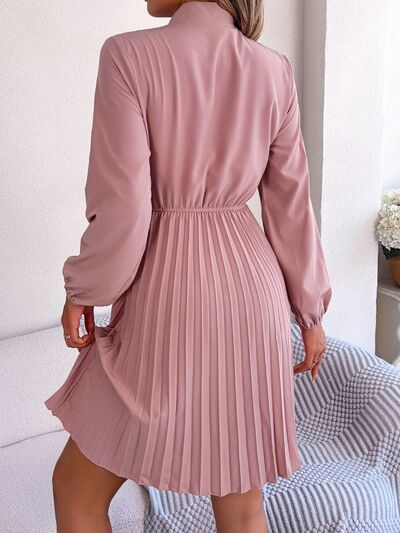 Tie Neck Balloon Sleeve Pleated Dress - House of Cardwell